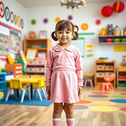 A five-year-old preschool girl with pigtails and short hair, dressed in a cute latex pink school uniform consisting of a mini dress and a long-sleeved top