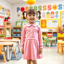 A five-year-old preschool girl with pigtails and short hair, dressed in a cute latex pink school uniform consisting of a mini dress and a long-sleeved top