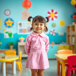 A five-year-old preschool girl with pigtails and short hair, wearing a playful pink school uniform made of latex, consisting of a cute mini dress and a long-sleeved top