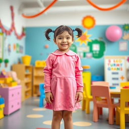 A five-year-old preschool girl with pigtails and short hair, wearing a playful pink school uniform made of latex, consisting of a cute mini dress and a long-sleeved top