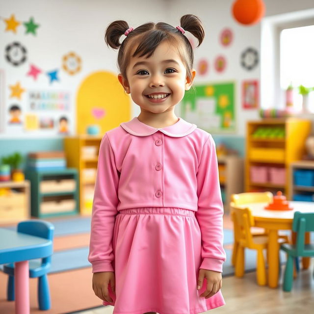 A five-year-old preschool girl with pigtails and short hair, wearing a playful pink school uniform made of latex, consisting of a cute mini dress and a long-sleeved top