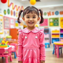 A five-year-old preschool girl with pigtails and short hair, wearing a playful pink school uniform made of latex, consisting of a cute mini dress and a long-sleeved top
