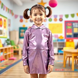 A five-year-old preschool girl with pigtails and short hair, wearing a shiny latex school uniform that includes a stylish mini dress and a long-sleeved top