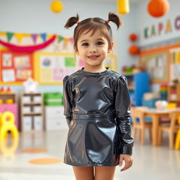 A five-year-old preschool girl with pigtails and short hair, wearing a shiny latex school uniform that includes a stylish mini dress and a long-sleeved top