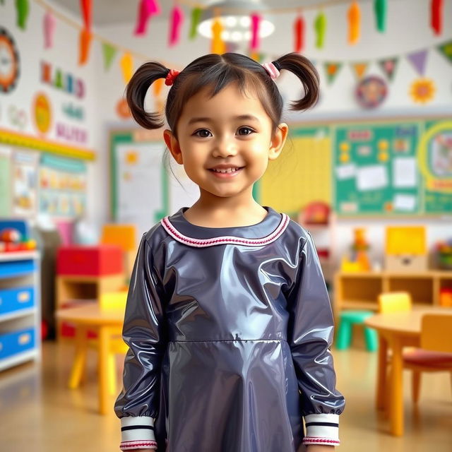 A five-year-old preschool girl with pigtails and short hair, wearing a shiny latex school uniform that includes a stylish mini dress and a long-sleeved top