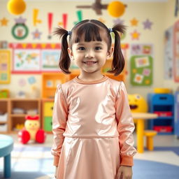 A five-year-old preschool girl with pigtails and short hair, wearing a shiny latex school uniform that includes a stylish mini dress and a long-sleeved top
