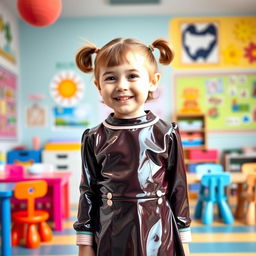 A five-year-old preschool girl with pigtails and short hair, wearing a shiny latex school uniform that features a stylish mini dress and a long-sleeved top