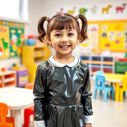 A five-year-old preschool girl with pigtails and short hair, wearing a shiny latex school uniform that features a stylish mini dress and a long-sleeved top