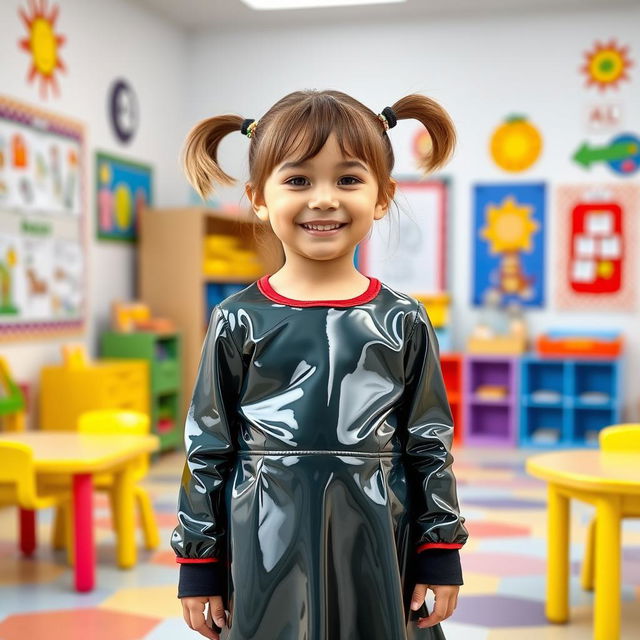 A five-year-old preschool girl with pigtails and short hair, wearing a shiny latex school uniform that features a stylish mini dress and a long-sleeved top