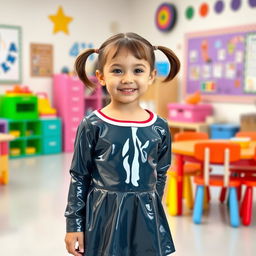 A five-year-old preschool girl with pigtails and short hair, wearing a shiny latex school uniform that features a stylish mini dress and a long-sleeved top
