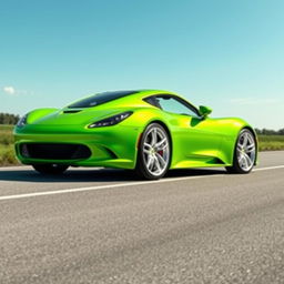 A striking sports car painted in a pure green color, featuring a glossy finish that gleams under the sunlight