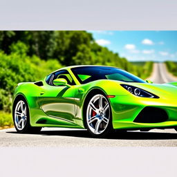 A striking sports car painted in a pure green color, featuring a glossy finish that gleams under the sunlight