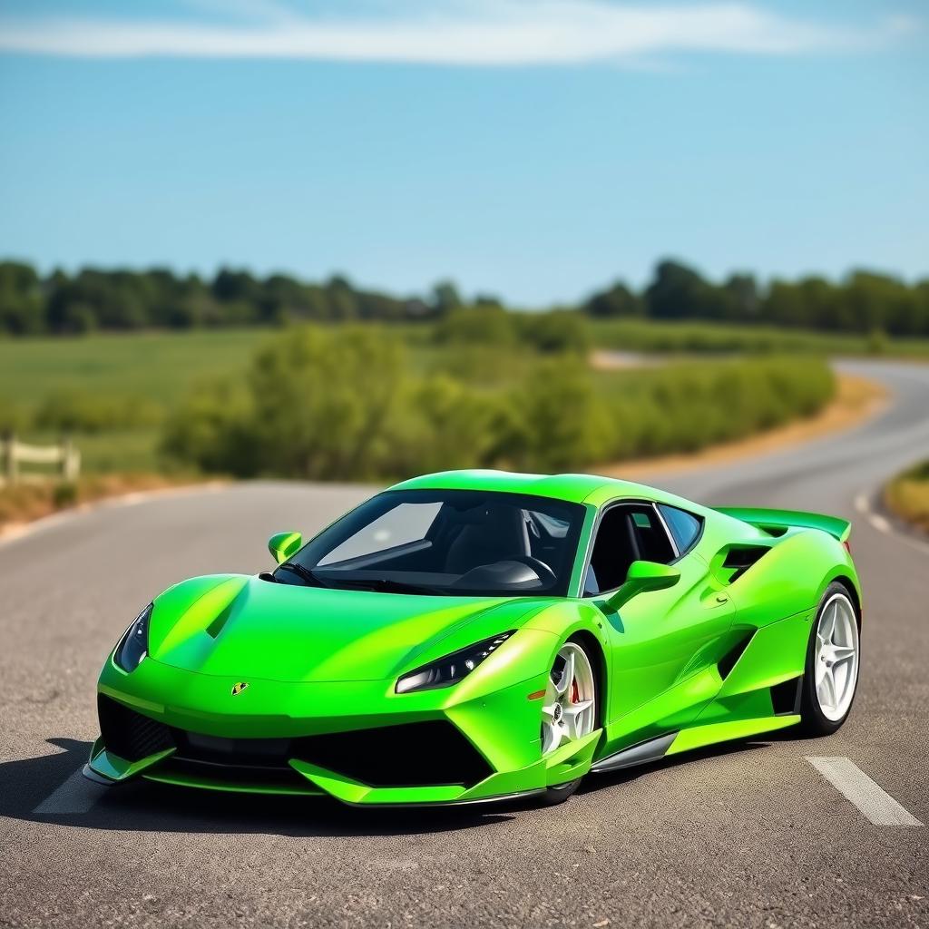 A striking sports car painted in a pure green color, featuring a glossy finish that gleams under the sunlight