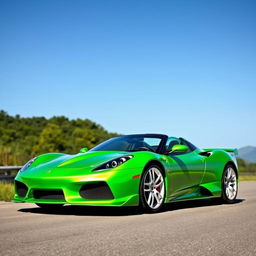 A striking sports car painted in a pure green color, featuring a glossy finish that gleams under the sunlight