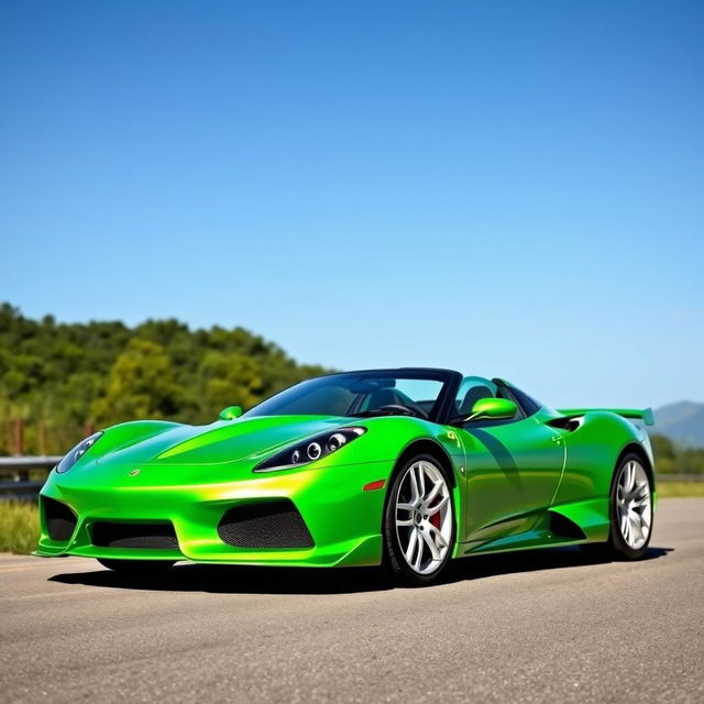 A striking sports car painted in a pure green color, featuring a glossy finish that gleams under the sunlight