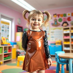 A five-year-old preschool girl with pigtails and short hair, wearing a shiny mini dress made of latex and a long-sleeved latex top