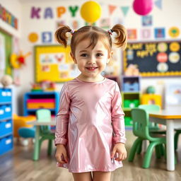 A five-year-old preschool girl with pigtails and short hair, wearing a shiny mini dress made of latex and a long-sleeved latex top