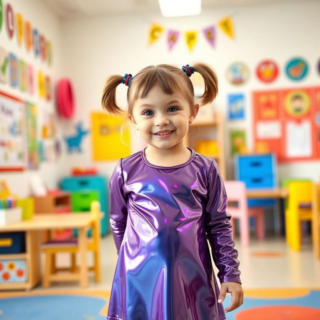 A five-year-old preschool girl with pigtails and short hair, wearing a shiny mini dress made of latex and a long-sleeved latex top