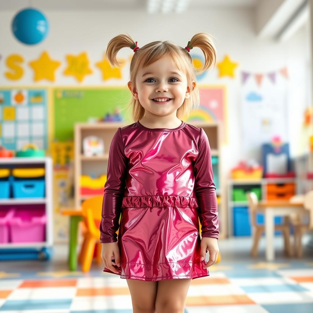 A five-year-old preschool girl with pigtails and short hair, wearing a shiny mini dress made of latex and a long-sleeved latex top