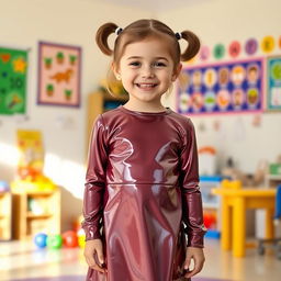 A five-year-old preschool girl with pigtails and short hair, wearing a shiny mini dress made of latex and a matching long-sleeved top