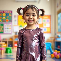 A five-year-old preschool girl with pigtails and short hair, wearing a shiny mini dress made of latex and a matching long-sleeved top