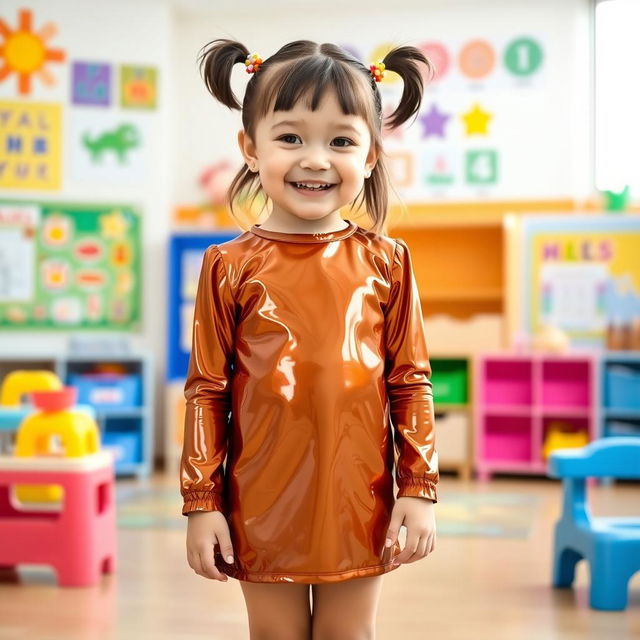 A five-year-old preschool girl with pigtails and short hair, wearing a shiny mini dress made of latex and a matching long-sleeved top