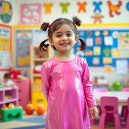 A five-year-old preschool girl with pigtails and short hair, wearing a shiny mini dress made of latex and a matching long-sleeved top