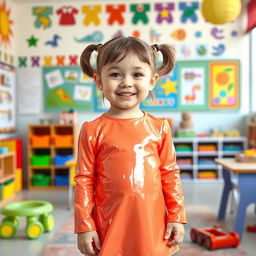 A five-year-old preschool girl with pigtails and short hair, wearing a shiny mini dress made of latex and a matching long-sleeved latex top