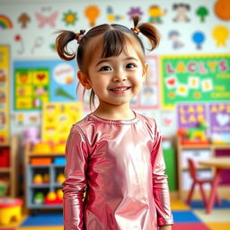 A five-year-old preschool girl with pigtails and short hair, wearing a shiny mini dress made of latex and a matching long-sleeved latex top