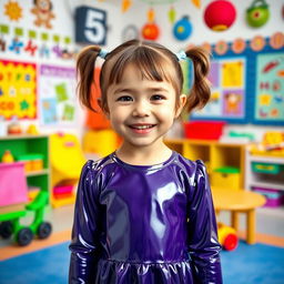 A five-year-old preschool girl with pigtails and short hair, wearing a shiny mini dress made of latex and a matching long-sleeved latex top