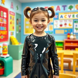 A five-year-old preschool girl with pigtails and short hair, wearing a shiny mini dress made of latex and a matching long-sleeved latex top