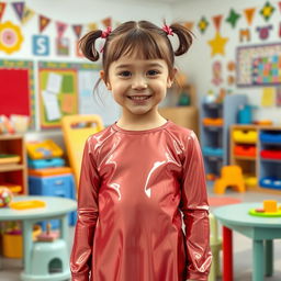 A ten-year-old girl with pigtails and short hair, wearing a shiny mini dress made of latex and a matching long-sleeved top