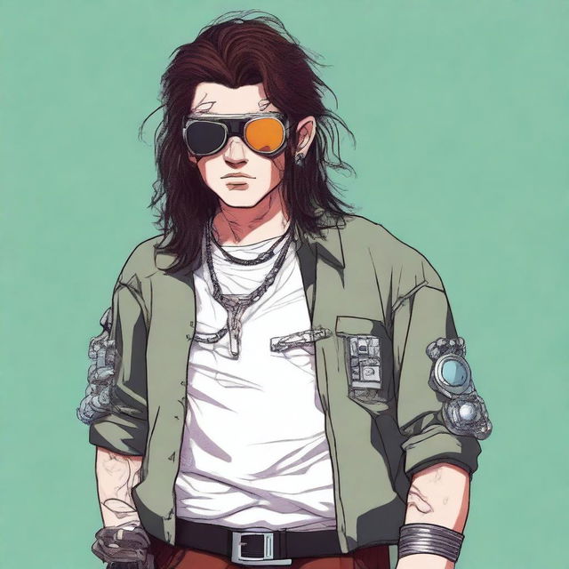 The image is a detailed digital art depiction of a white male with a robotic eye, concealed by an eye patch