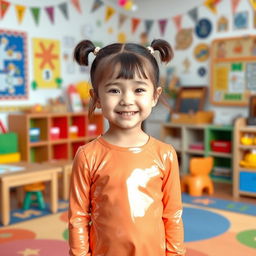 A ten-year-old girl with pigtails and short hair, wearing a shiny mini dress made of latex and a matching long-sleeved top