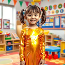 A ten-year-old girl with pigtails and short hair, wearing a shiny mini dress made of latex and a matching long-sleeved top