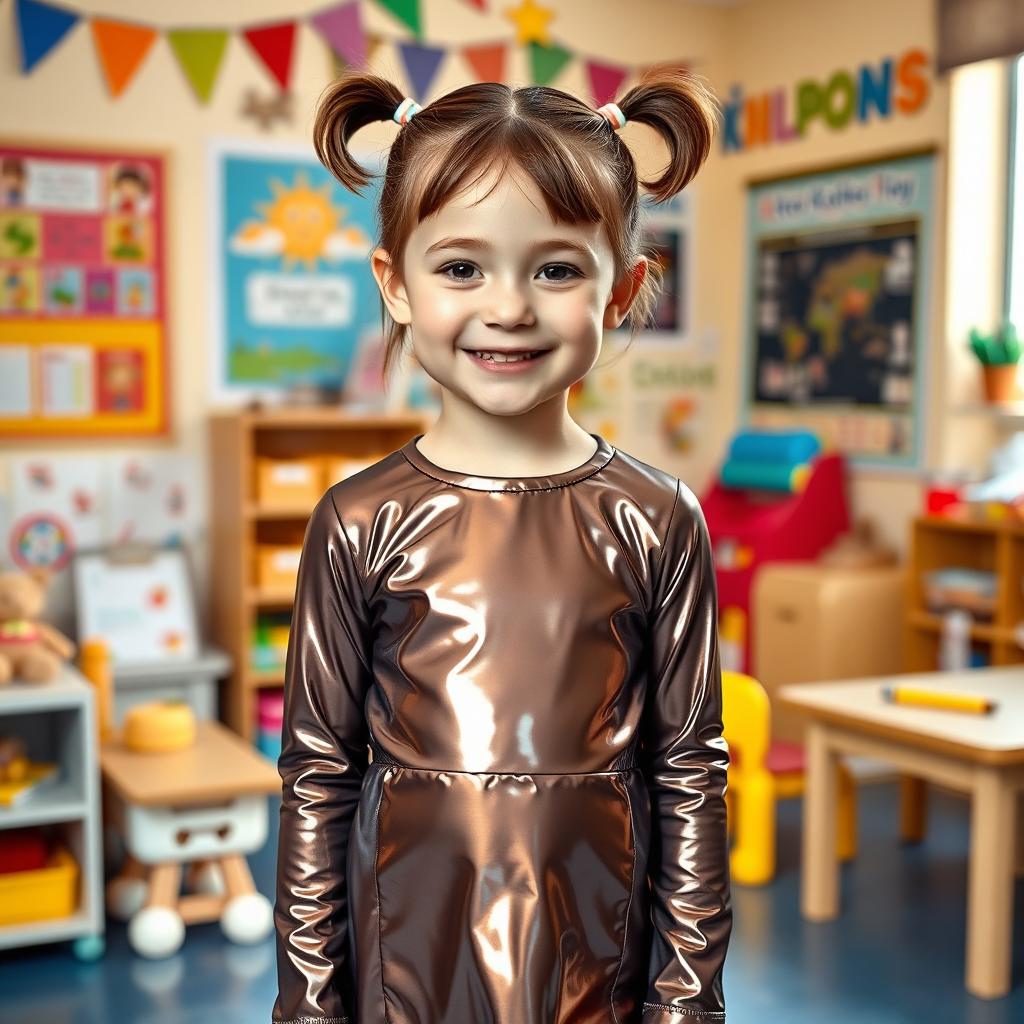 A ten-year-old girl with pigtails and short hair, wearing a shiny mini dress made of latex and a matching long-sleeved top