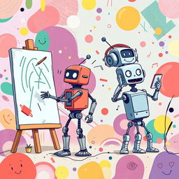 An eBook cover image with a resolution of 1600 x 2560 featuring a scene full of amusing robots engaging in various fun activities
