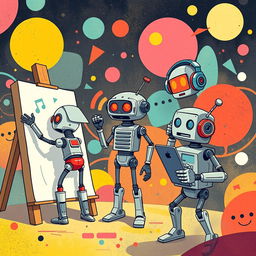 An eBook cover image with a resolution of 1600 x 2560 featuring a scene full of amusing robots engaging in various fun activities