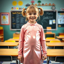 A ten-year-old school girl with pigtails and short hair, wearing a shiny mini dress made of latex along with a matching long-sleeved latex top