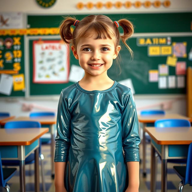 A ten-year-old school girl with pigtails and short hair, wearing a shiny mini dress made of latex along with a matching long-sleeved latex top