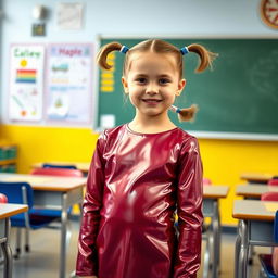 A ten-year-old school girl with pigtails and short hair, wearing a shiny mini dress made of latex along with a matching long-sleeved latex top