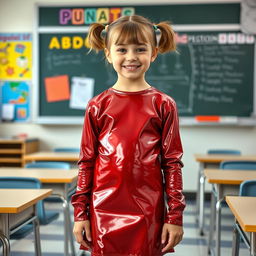 A ten-year-old school girl with pigtails and short hair, wearing a shiny mini dress made of latex along with a matching long-sleeved latex top