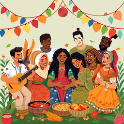 An artistic representation of the theme of miscigenação (miscegenation) showcasing a harmonious blend of diverse ethnicities and cultures