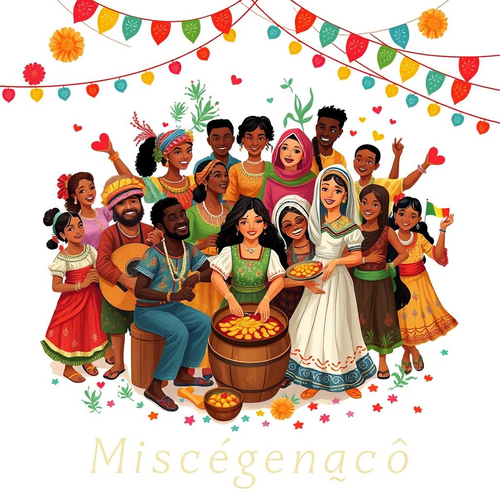 An artistic representation of the theme of miscigenação (miscegenation) showcasing a harmonious blend of diverse ethnicities and cultures