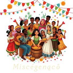 An artistic representation of the theme of miscigenação (miscegenation) showcasing a harmonious blend of diverse ethnicities and cultures