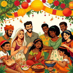 An artistic representation of the theme of miscigenação (miscegenation) showcasing a harmonious blend of diverse ethnicities and cultures