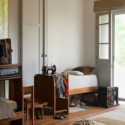 A neutrally toned single room arrangement with a comfortable mattress, wooden shoe rack, sleek television stand, a vintage clothing box, an old-fashioned sewing machine, a mini drawer full of odds and ends, and a window allowing soft light to enter, situated right next to the door.