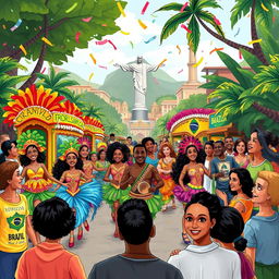 A vibrant and lively illustration showcasing the diverse and rich culture of the Brazilian people