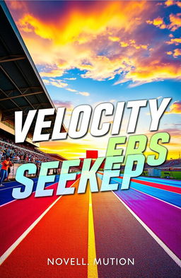 A dynamic and captivating cover design for a novel titled 'Velocity Seekers' featuring a vibrant and energetic running track