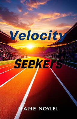 A dynamic and captivating cover design for a novel titled 'Velocity Seekers' featuring a vibrant and energetic running track